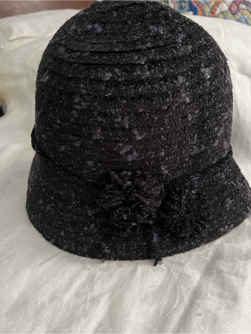 Black Textured Cloche Hat with Floral Accent